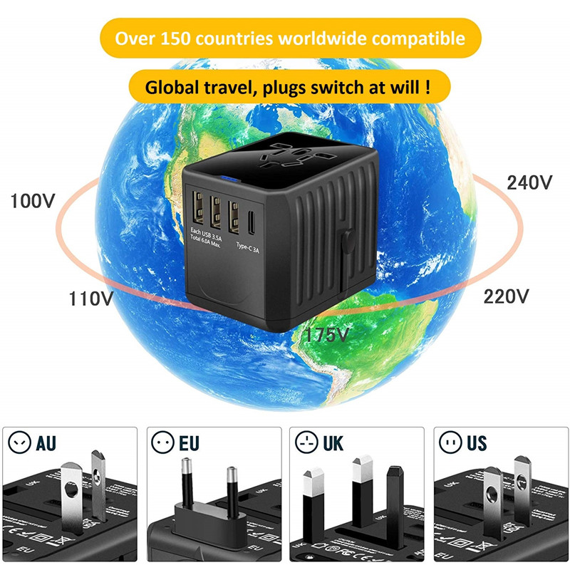 RRTRAVEL International Travel Adapter Universal Power Adapter în întreaga lume în toate 4 USB cu priză electrică perfectă pentru țările europene din SUA, UE, Marea Britanie, AU 160