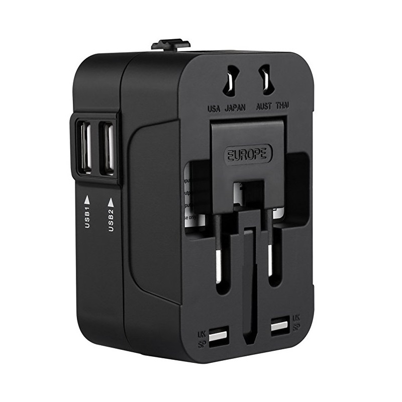 RRTRAVEL International Universal All in One Adapter de călătorie la nivel mondial Încărcător de perete Adaptor de alimentare cu curent alternativ cu porturi de încărcare USB duble pentru SUA EU Marea Britanie AUS Laptop european pentru telefon mobil