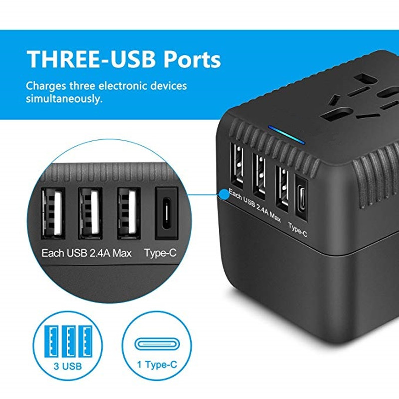 RRRTRAVEL Universal Travel Adaptor Universal, All in One International Power Adaptor with 3 USB +1 Type-C Charging Ports, European Plug Adaptor, AC Outlet Plug Adaptor for European, US, UK, AU 160+ Lands