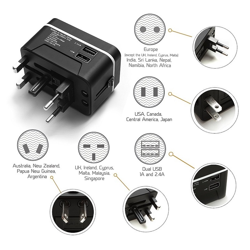 Adaptor de călătorie RRTRAVEL, adaptor universal universal de alimentare cu 2 porturi USB și adaptor pentru mufe europene, bun pentru laptopul pentru telefonul mobil în peste 150 de țări