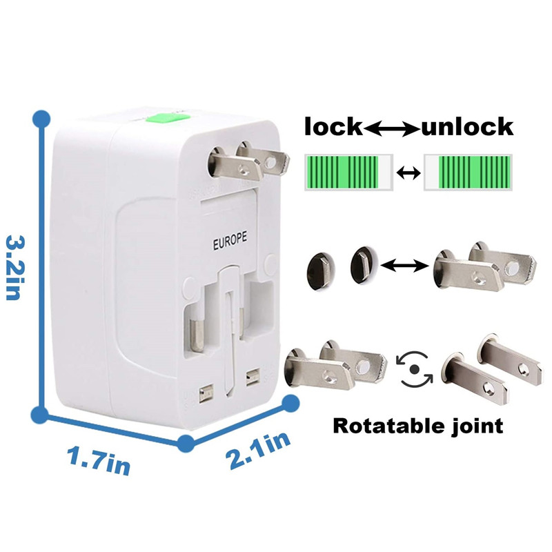 RRTRAVEL 931D Adaptor de alimentare pentru călătorii la nivel mondial, adaptor de călătorie universal Adaptor pentru priză de curent alternativ cu porturi USB duble pentru SUA UE Marea Britanie AUS Telefon mobil Laptop Acoperă 150+ țări