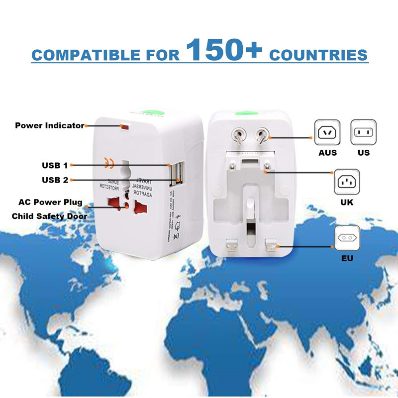 RRTRAVEL 931D Adaptor de alimentare pentru călătorii la nivel mondial, adaptor de călătorie universal Adaptor pentru priză de curent alternativ cu porturi USB duble pentru SUA UE Marea Britanie AUS Telefon mobil Laptop Acoperă 150+ țări