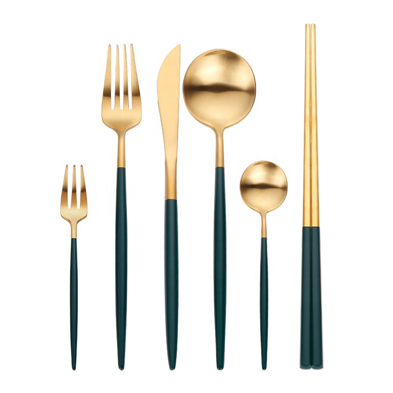 Green Handle Steel Wedding Full Restaurant Matte Gold Spoon Fork Cutler Set