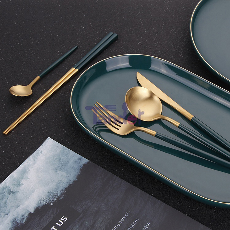 Green Handle Steel Wedding Full Restaurant Matte Gold Spoon Fork Cutler Set