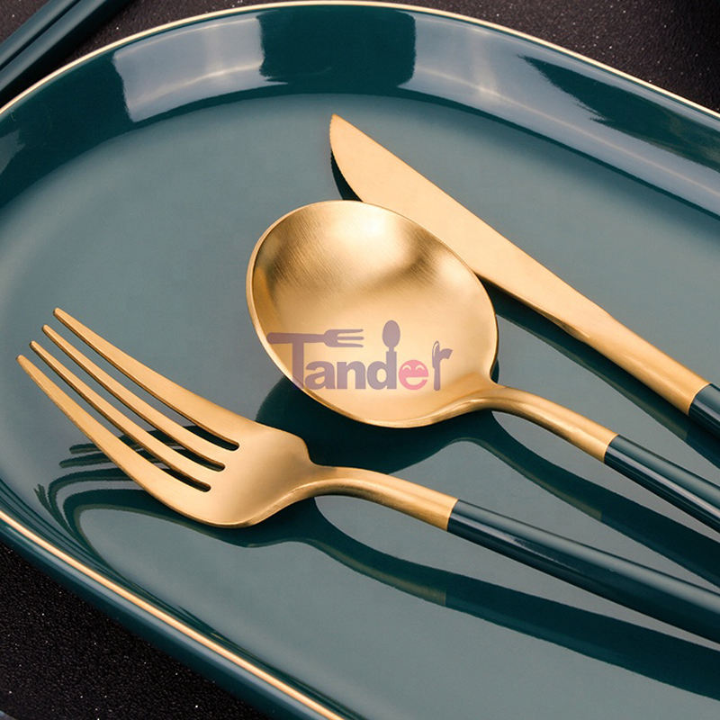Green Handle Steel Wedding Full Restaurant Matte Gold Spoon Fork Cutler Set