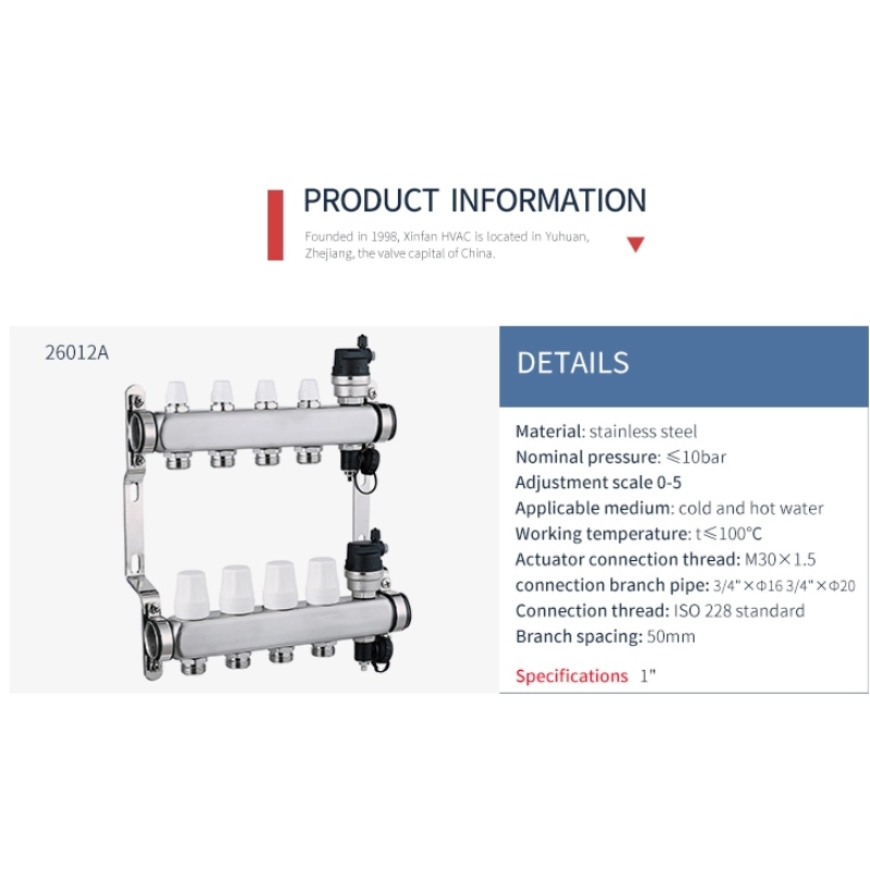 Instalare ufh 5 cale din oțel inoxidabil colector de încălzire hidronică XF26012A