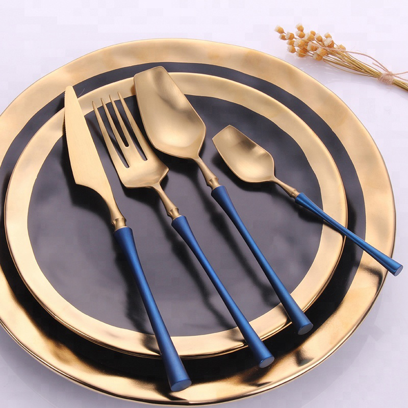 Blue handle picture Slim talie stil plat set auriu tacâmuri din oțel inoxidabil