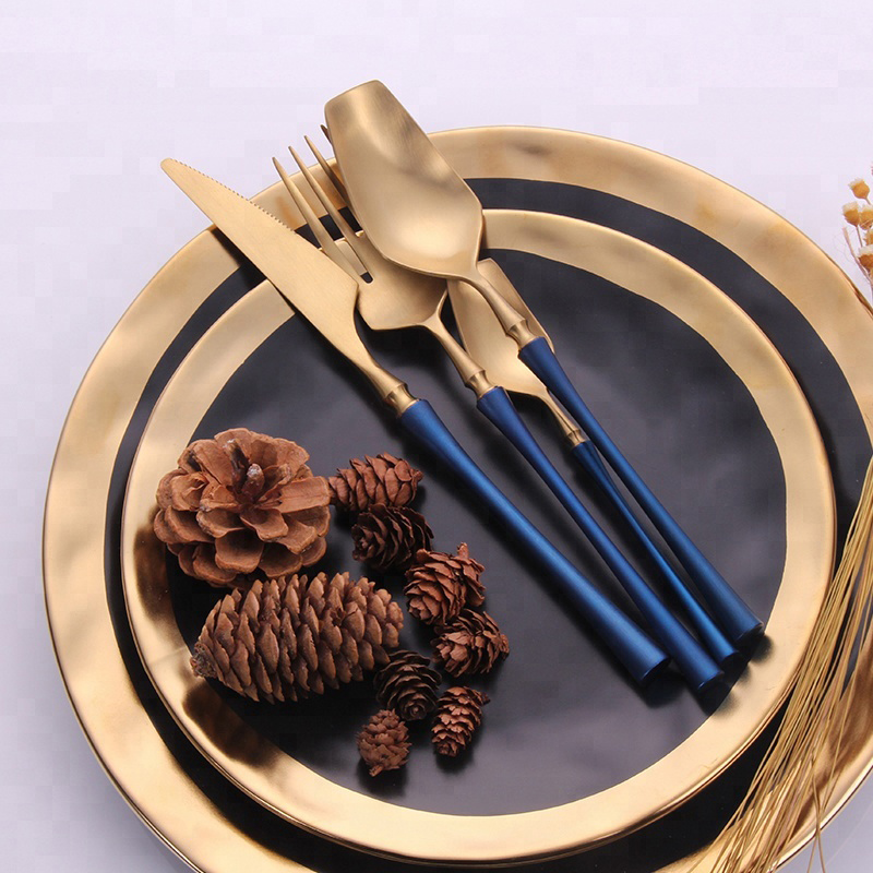 Blue handle picture Slim talie stil plat set auriu tacâmuri din oțel inoxidabil