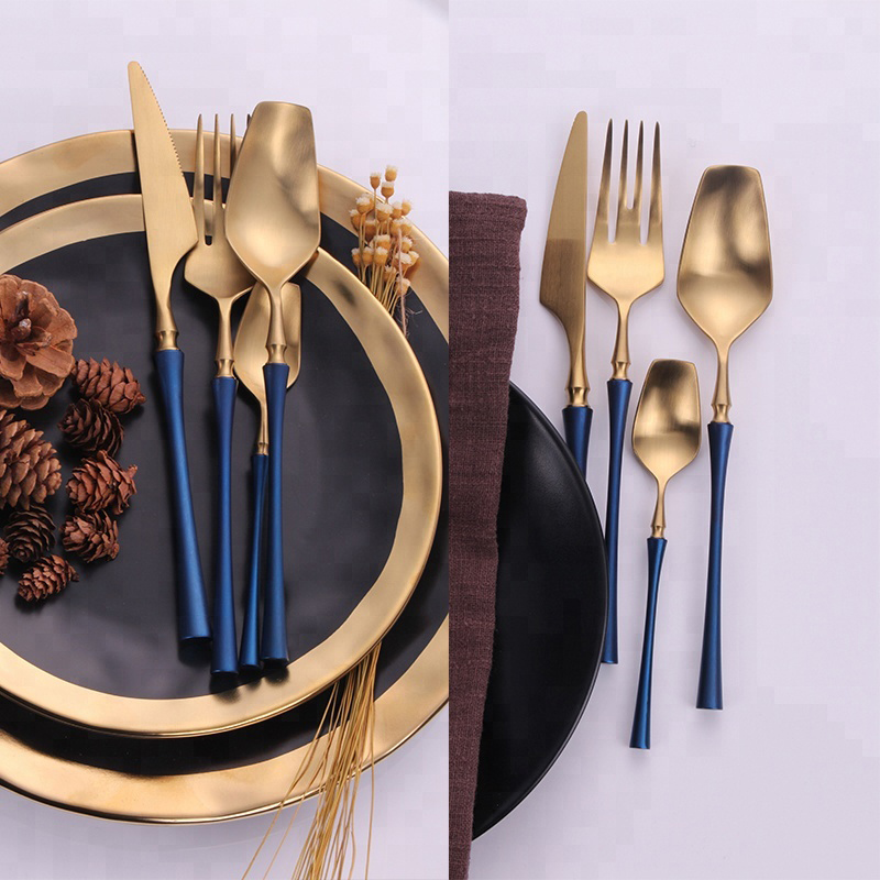 Blue handle picture Slim talie stil plat set auriu tacâmuri din oțel inoxidabil