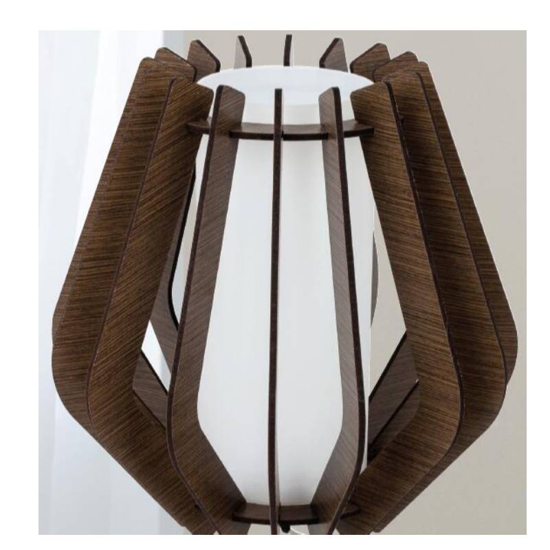 Lampa de masă din lemn maro închis cu nuanță de sticlă