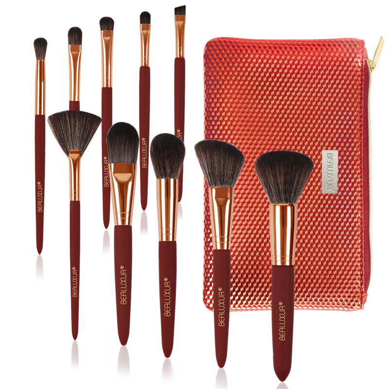 Set de perii de machiaj, fibră sintetică premium, kit de perii pentru machiaj, fundație de pulbere, amestecare a eyeliner-ului, cosmetice, aparate, umbre de ochi, perii, unelte, cu piele PU, sac de călătorie (10 buc)