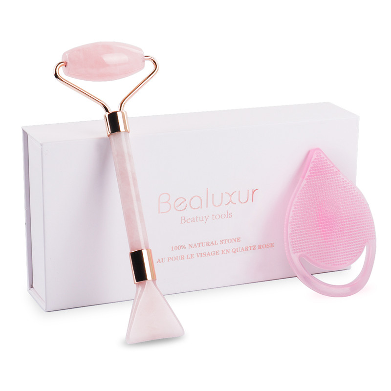 Jade Roller, 100% Rose Quartz Roller & Scrapping Plate &Mask Brush and Face Cleaning Brush 4 Functional Face Massanger pentru corp față la gât