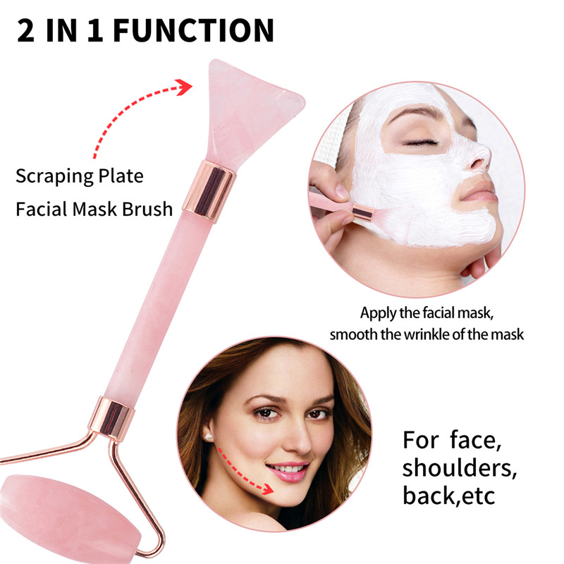 Jade Roller, 100% Rose Quartz Roller & Scrapping Plate &Mask Brush and Face Cleaning Brush 4 Functional Face Massanger pentru corp față la gât