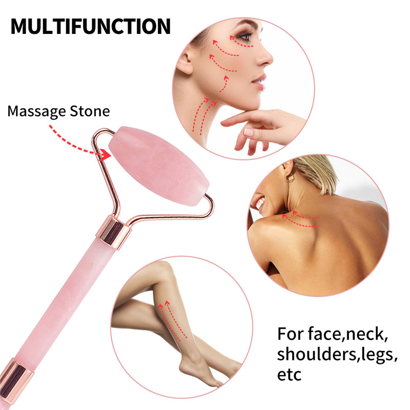 Jade Roller, 100% Rose Quartz Roller & Scrapping Plate &Mask Brush and Face Cleaning Brush 4 Functional Face Massanger pentru corp față la gât
