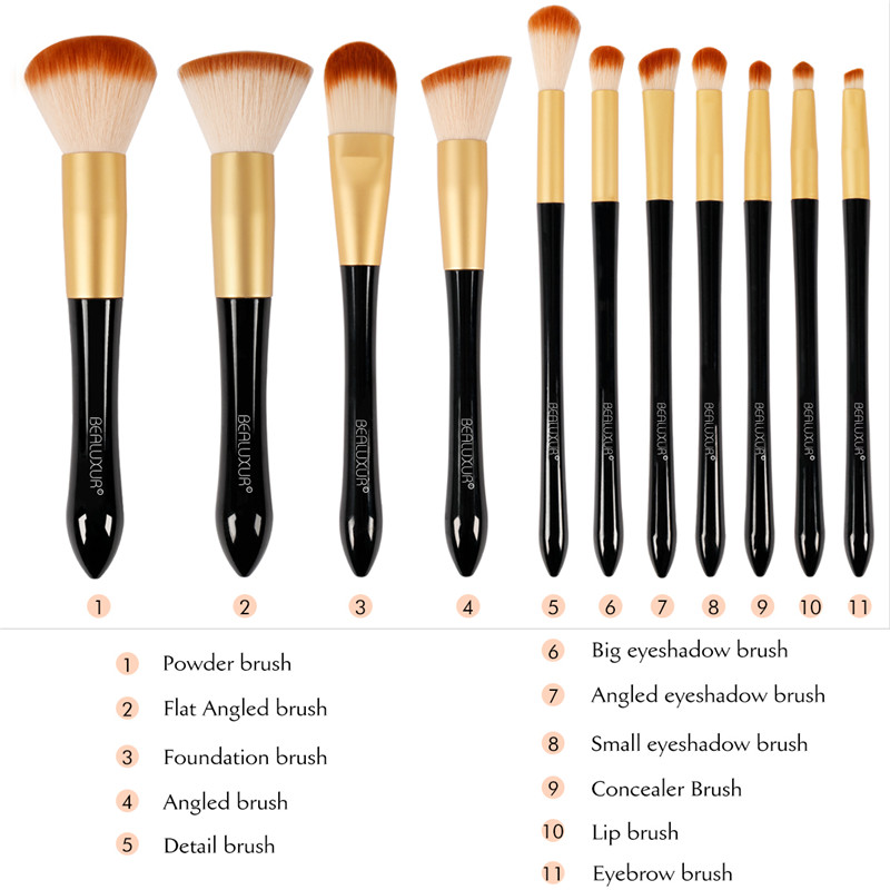 Set de perii de machiaj ， 11pcs perii de machiaj premium brâuri sintetice pudră fundație contururi de farduri Concealers perii de buze Kit de perii de umbră cu sac de călătorie ...