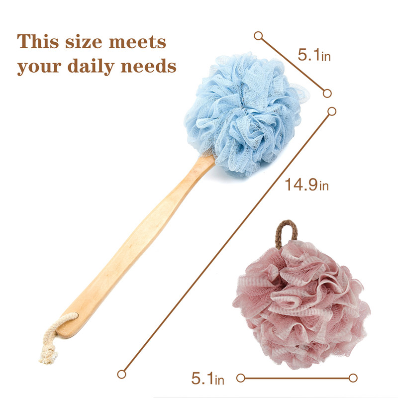 Loofah de duș, set de burete de baie include 1 spălător pentru spate cu mâner lung și 1 perie de duș pentru femei și bărbați Spălătorie pentru corp, față și spa