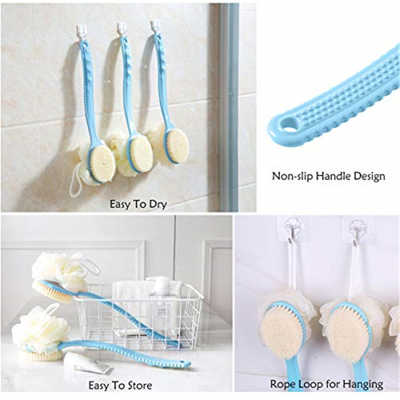 2 perii pentru corp de baie 2 IN 1 cu loofah moale și perii, spălător spate cu perie de duș cu mâner lung curbat pentru umed sau uscat, pentru femei și bărbați, spălare corp, față și spa