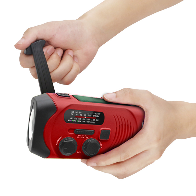 Radio de intrare a energiei solare de urgență AM / FM / WB NOAA Radio cu manivelă manuală cu lanternă LED, încărcător portabil de telefon mobil de 2000mAh Banca de alimentare cu alarmă SOS
