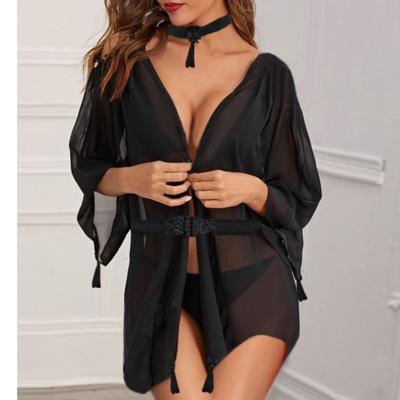 costum de lenjerie sexy, lenjerie sexy chaude transparentă, lenjerie sexy pentru femei sexy șifon cu mânecă lungă cu șifon neregulat, cămașă de noapte subțire cu șnur G
