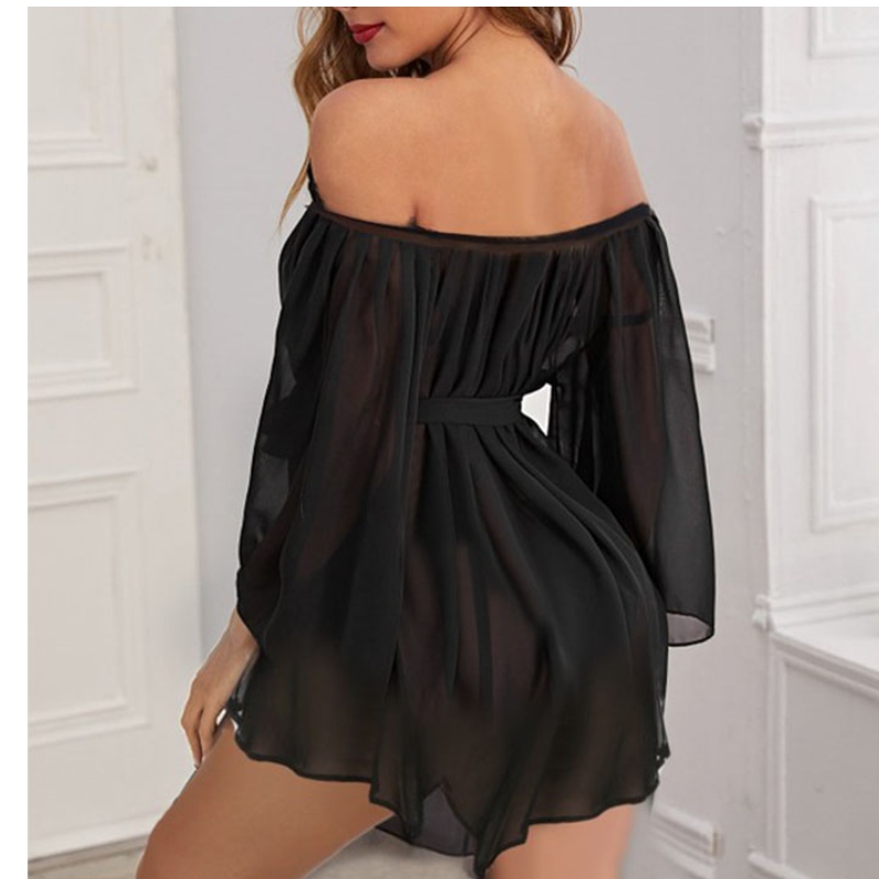 costum de lenjerie sexy, lenjerie sexy chaude transparentă, lenjerie sexy pentru femei sexy șifon cu mânecă lungă cu șifon neregulat, cămașă de noapte subțire cu șnur G