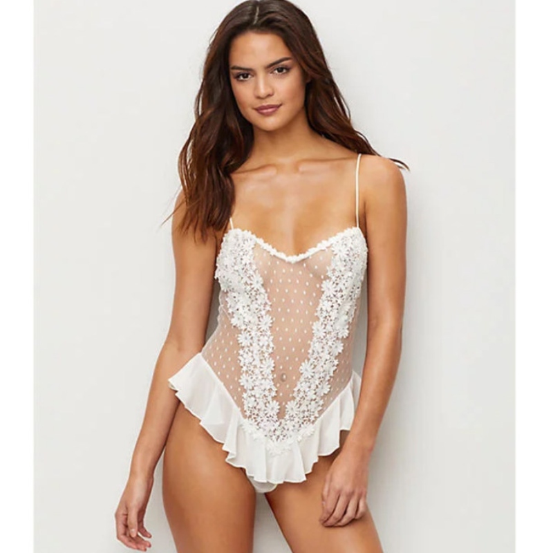 sutien lenjerie sexy, lenjerie sexy neagră, sutien lenjerie sexy pentru femei Sexy Gallus White Sheer Dantelă florală și ochiuri cu tăișă joasă, cu poleie, cu dansul, Teddies, lenjerie