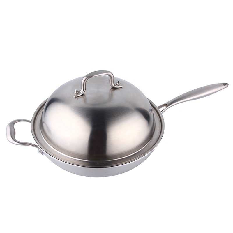 wok din oțel inoxidabil cu capac și mâner lung
