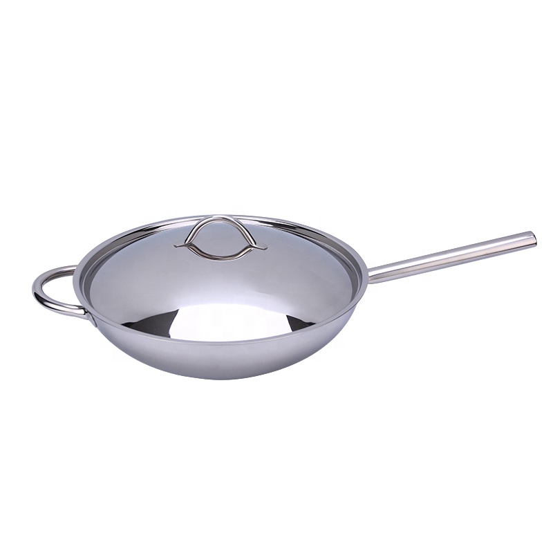 wok din oțel inoxidabil cu capac și mâner lung