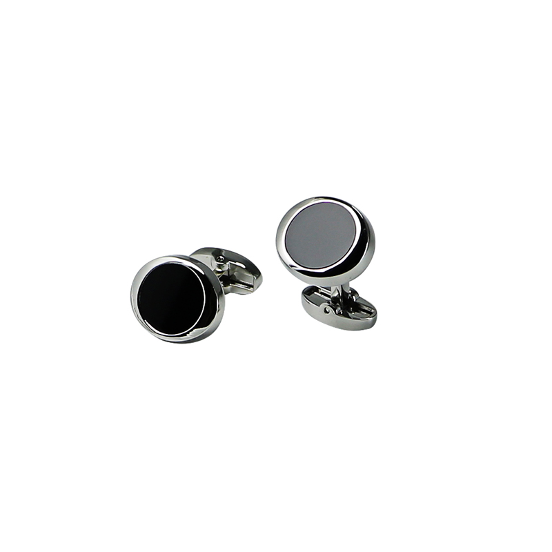 Black Acylric Oval Silvertone Cuff Links