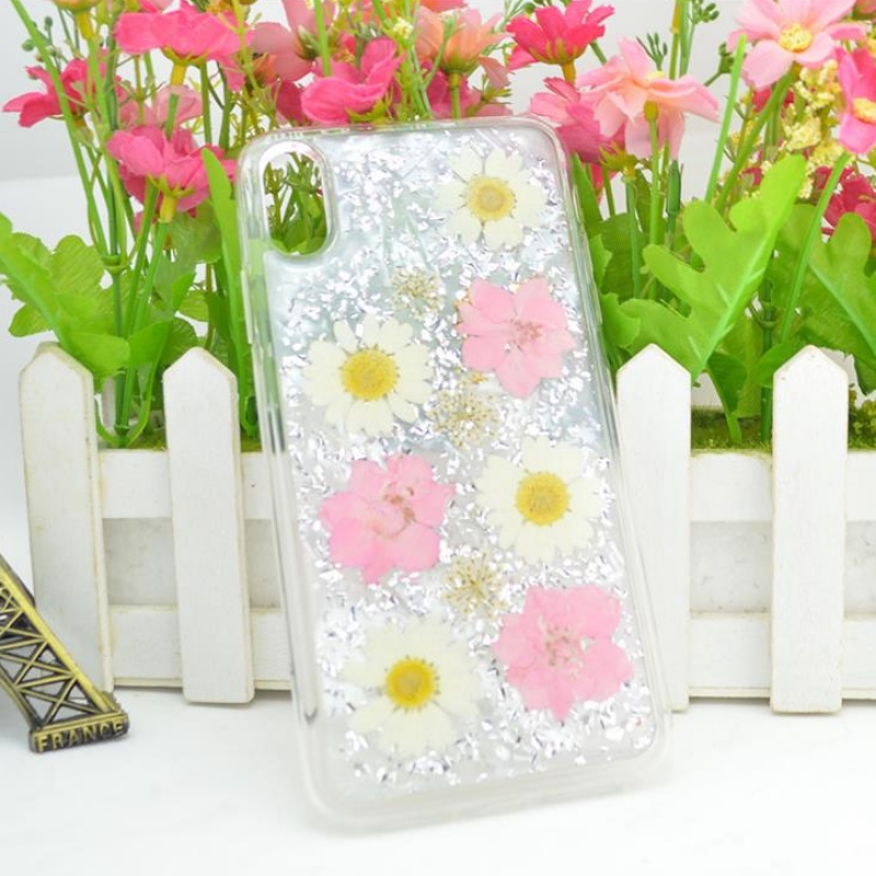 IPhone-ul direct al producătorului cu folie de aur cu picătură adezivă adevărată floare uscată cu flori în relief TPU măr transparent carcasă rezistentă la rupere