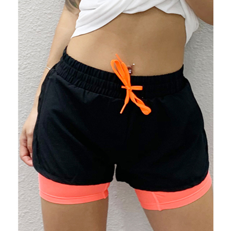Pantaloni scurți sport cu dantelă cu două punți, cu pantaloni de sală, cu ochiuri respirabile, cu ochiuri de protecție