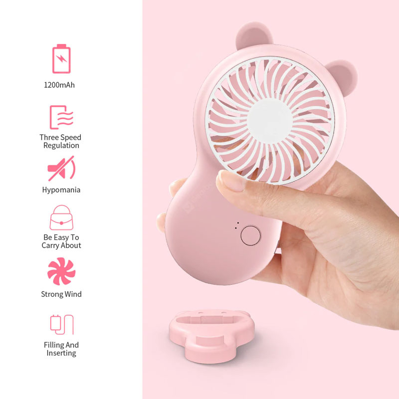 Mini răcoritoare cu putere de călătorie cu ventilator de mână cu aer de răcire, cu birou reîncărcabil, alimentat cu suport pentru telefon pentru exterior - roz