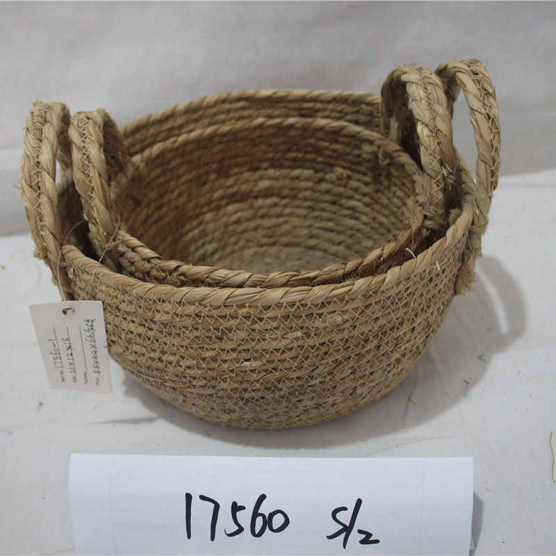 Coș de paie de burta personalizat cu ridicata, iarbă de mare, țesătură naturală din ratan, coș de depozitare manual realizat cu mânere