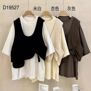 Design liber, stil minimalist, rotund, cu guler, cu mânecă cusută, casual, bumbac și lenjerie, cu dimensiuni mari, personalizate, 19527, tricouri + veste