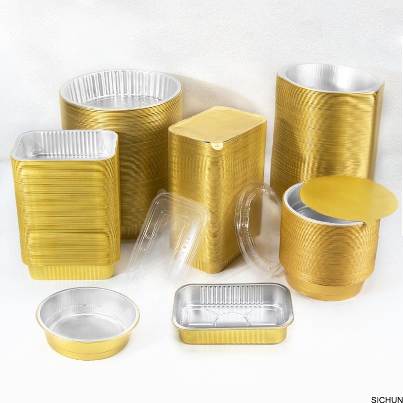 Restaurantul personalizat a folosit alimente reciclabile de copt mâncare tavă tavă cutie de carton auriu recipiente din folie de aluminiu cu capac