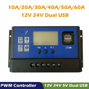 PWM Controler de încărcare solară 60A 50A 40A 30A 20A 10A 12V 24V Încărcătorul bateriei LCD Dual USB Regulator de panou solar Max 50V PV Intrare