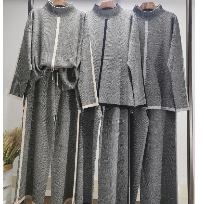 Fashionul casual simplu lână lână tricotate două bucăți cu un set de guler de linie 69055#