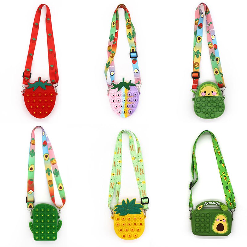 Jucării mici de fructe de fructe pentru fete, ameliorarea stresului Silnicone Push Bubble Jucări senzoriale Bag de umăr