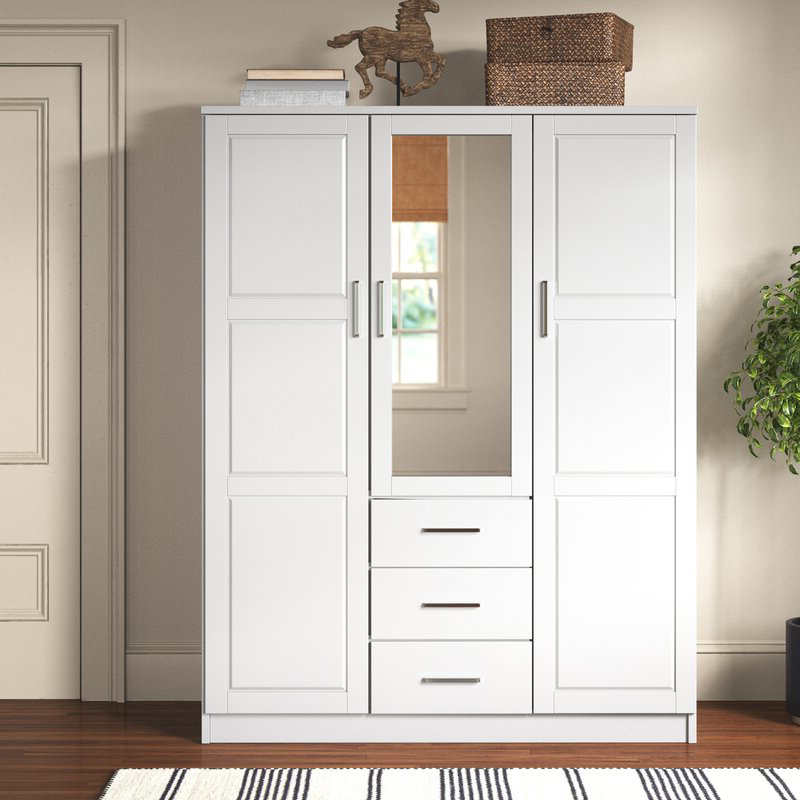 MWD22008-Familii din lemn masiv/closet/closet, dulap cu 3 uși cu oglindă și 3 sertare, alb.