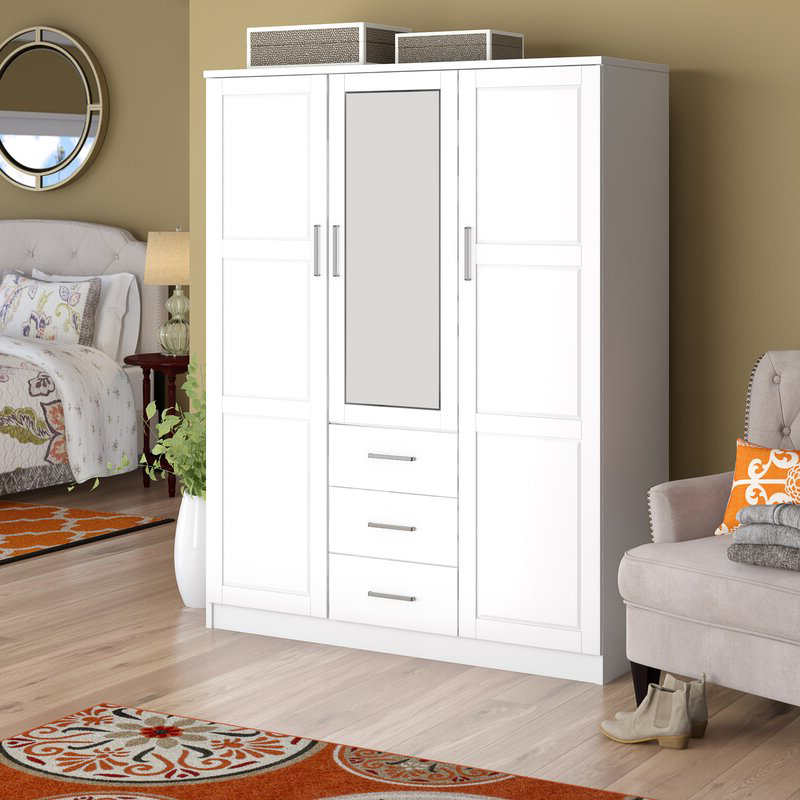 MWD22008-Familii din lemn masiv/closet/closet, dulap cu 3 uși cu oglindă și 3 sertare, alb.