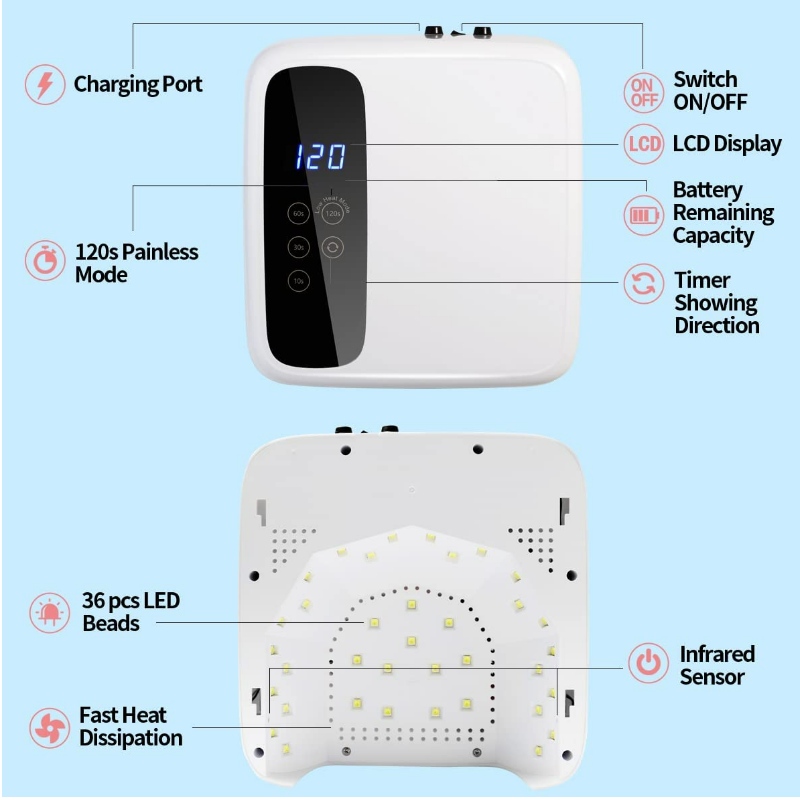 M&R 602PRO Lampă cu unghii LED fără fir, uscător de unghii fără fir, 72W Lumină LED reîncărcabilă, lampă de unghii LED cu gel portabil cu 4 senzor de setare a cronometrului și ecran LCD, lampă de unghii cu LED profesionist pentru lac de gel