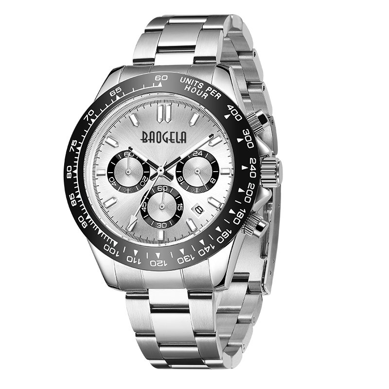 Baogela Men Watch Top Brand Luxury Sports Quartz Ceasuri cu curea din oțel inoxidabil Cronograf impermeabil 2210 Albnegru