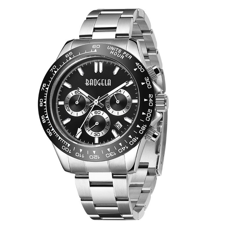 Baogela Men Watch Top Brand Luxury Sports Quartz Ceasuri cu curea din oțel inoxidabil Cronograf impermeabil 2210 Albnegru