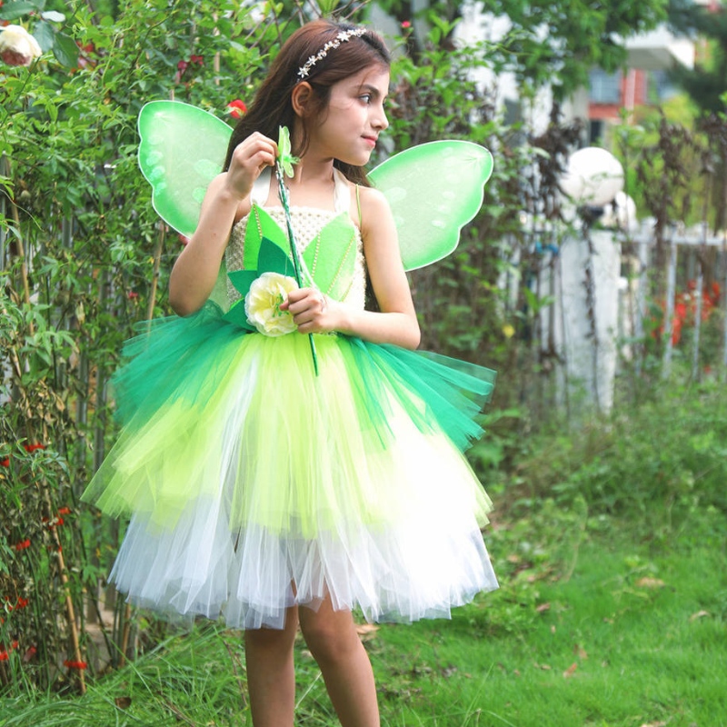 Halloween Cosplay Prințesa fetelor pentru fete Partea Verde Fâna Fairy Tinker Bell Rochie Elf Costum cu seturi de aripi de fluturi