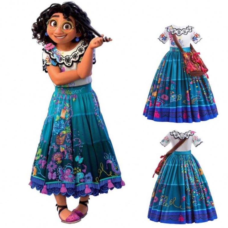 2022 Hot Sale Hea Girls Encanto Movie Dress Up Mirabel Costum Copii Copiii de vară Rochie lungă cu geantă