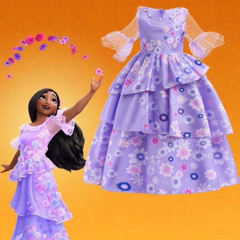 Hot Sale Copii Encanto Costum de film Isabella cosplay Purple Floral Girls Silk Maxi Long Rochie