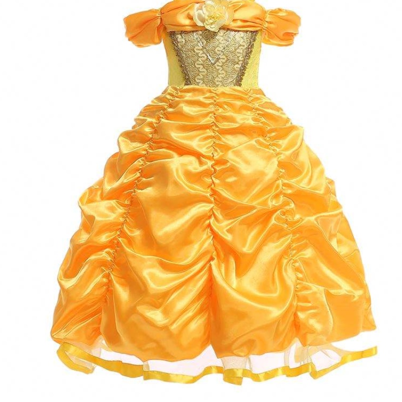 Baige New Design Costum Costume Fete Nume cu imagini cu poze prințesa Belle Colografie lungă Puffy Galben Rochie SMR023