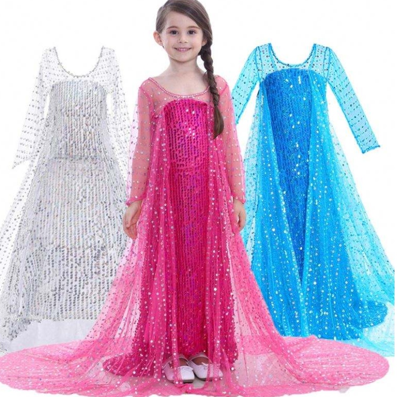 Elsa rochie pentru copii Costum Snow Queen 2 Elsa Blue Blue Pink Sequined Rochie cu mânecă lungă TV&Costume de film pentru fete