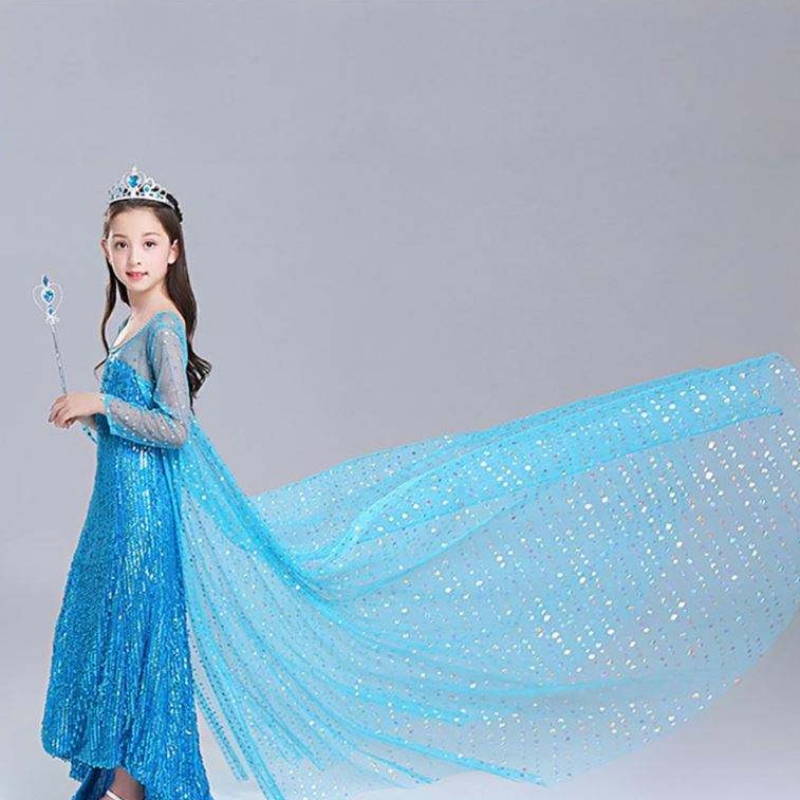 Elsa rochie pentru copii Costum Snow Queen 2 Elsa Blue Blue Pink Sequined Rochie cu mânecă lungă TV&Costume de film pentru fete