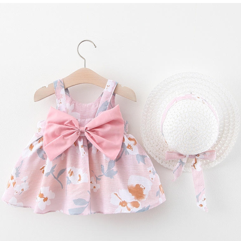 En -gros 2pcs seturi de rochiinou -născuți de vară fetiță fetiță fără mâneci, plajă, prințesa rochii cu pălărie