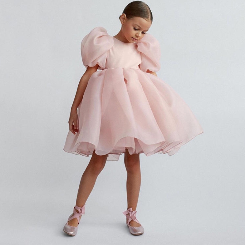 Fashion Girl Princess Vintage Rochie Tulle Copil Vestido Puff Sleeve Pink Nunta Petrecere denuntă Tutu Copil Rochie rochie cu mingea